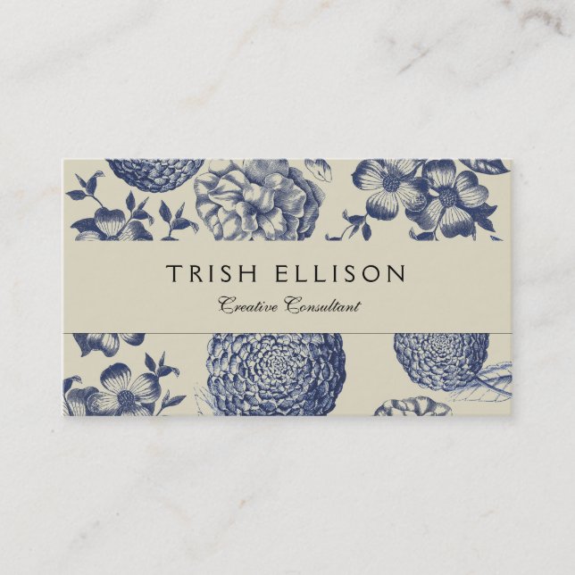 Antique Blue Toile Botanical Flower Print Floral Business Card (Front)