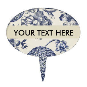Antique Blue Toile Botanical Flower Print Floral Cake Topper