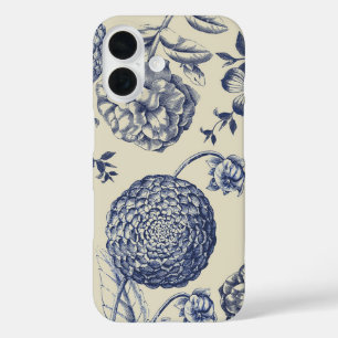 Antique Blue Toile Botanical Flower Print Floral iPhone 16 Case