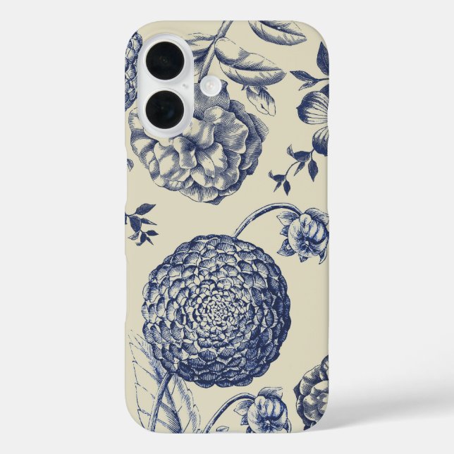 Antique Blue Toile Botanical Flower Print Floral Case-Mate iPhone Case (Back)