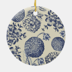 Antique Blue Toile Botanical Flower Print Floral Ceramic Ornament