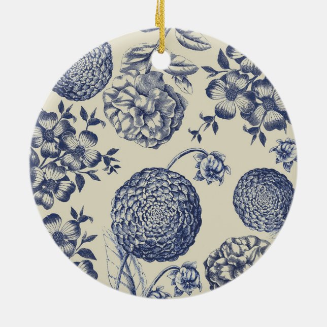 Antique Blue Toile Botanical Flower Print Floral Ceramic Ornament (Back)