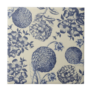 Antique Blue Toile Botanical Flower Print Floral Ceramic Tile