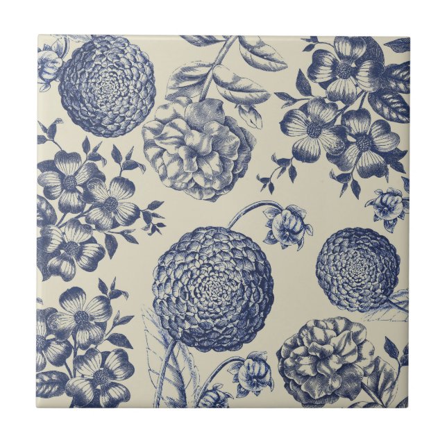 Antique Blue Toile Botanical Flower Print Floral Ceramic Tile (Front)