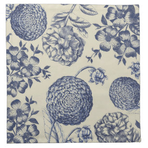 Antique Blue Toile Botanical Flower Print Floral Cloth Napkin