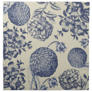 Antique Blue Toile Botanical Flower Print Floral Cloth Napkin