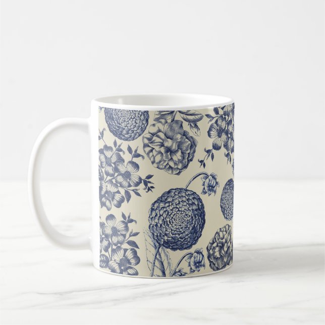 Antique Blue Toile Botanical Flower Print Floral Coffee Mug (Left)