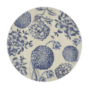 Antique Blue Toile Botanical Flower Print Floral Cutting Board