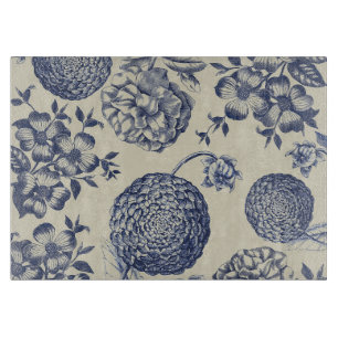 Antique Blue Toile Botanical Flower Print Floral Cutting Board