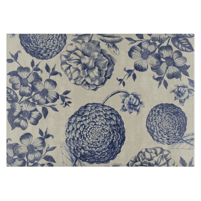 Antique Blue Toile Botanical Flower Print Floral Cutting Board (Front)