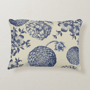 Antique Blue Toile Botanical Flower Print Floral Decorative Pillow