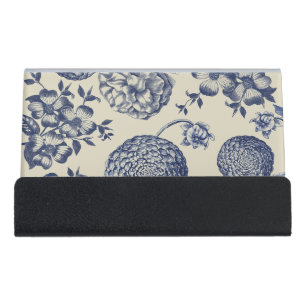 Antique Blue Toile Botanical Flower Print Floral Desk Business Card Holder