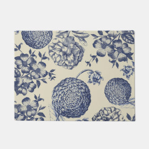 Antique Blue Toile Botanical Flower Print Floral Doormat