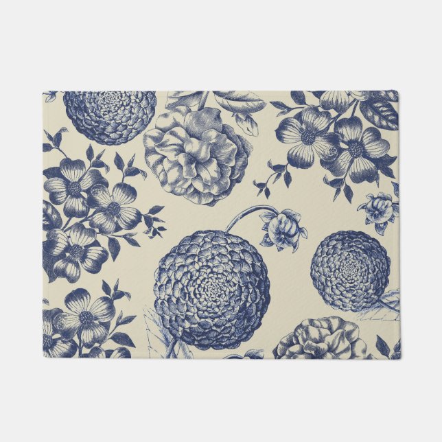Antique Blue Toile Botanical Flower Print Floral Doormat (Front)