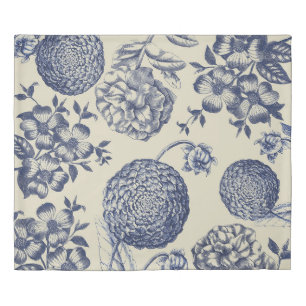 Antique Blue Toile Botanical Flower Print Floral Duvet Cover
