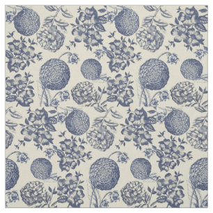 Antique Blue Toile Botanical Flower Print Floral Fabric