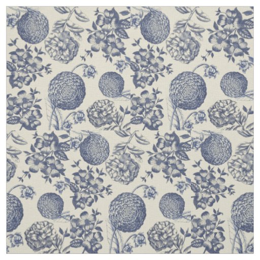 Antique Blue Toile Botanical Flower Print Floral Fabric