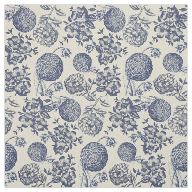 Antique Blue Toile Botanical Flower Print Floral Fabric (Swatch)