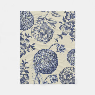 Antique Blue Toile Botanical Flower Print Floral Fleece Blanket