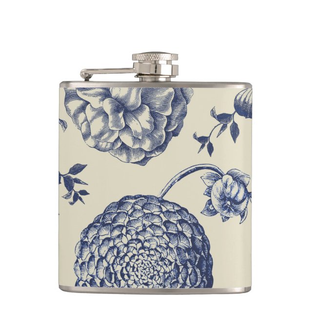 Antique Blue Toile Botanical Flower Print Floral Hip Flask (Front)