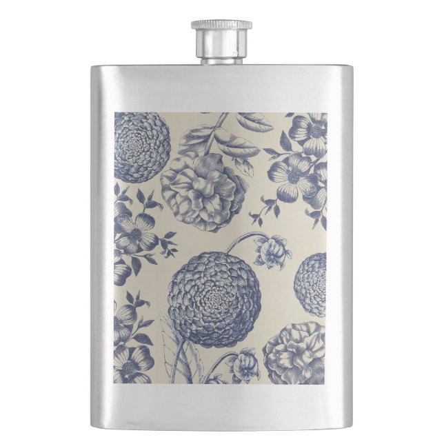 Antique Blue Toile Botanical Flower Print Floral Hip Flask (Front)