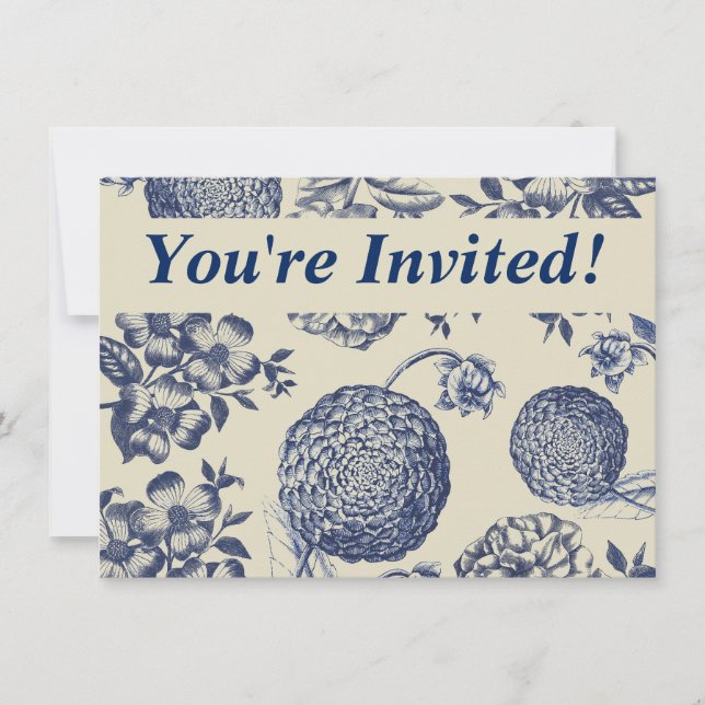 Antique Blue Toile Botanical Flower Print Floral Invitation (Front)