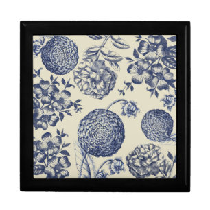 Antique Blue Toile Botanical Flower Print Floral Jewelry Box