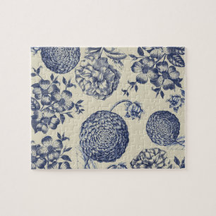 Antique Blue Toile Botanical Flower Print Floral Jigsaw Puzzle