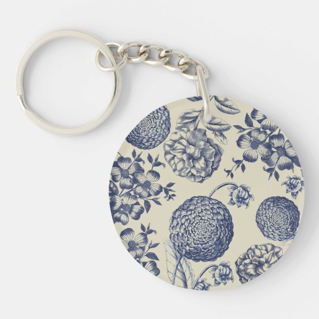 Antique Blue Toile Botanical Flower Print Floral Keychain (Front)