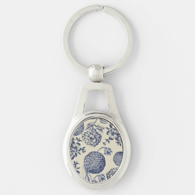 Antique Blue Toile Botanical Flower Print Floral Keychain (Front)
