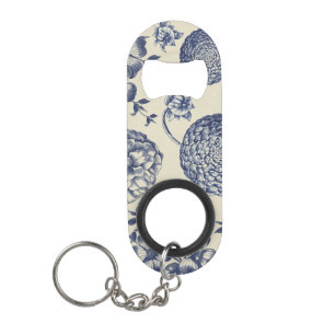 Antique Blue Toile Botanical Flower Print Floral Keychain Bottle Opener