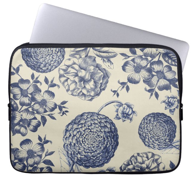 Antique Blue Toile Botanical Flower Print Floral Laptop Sleeve (Front)