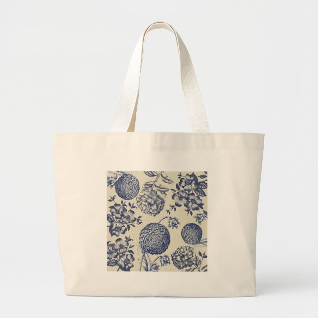 Antique Blue Toile Botanical Flower Print Floral Large Tote Bag (Front)
