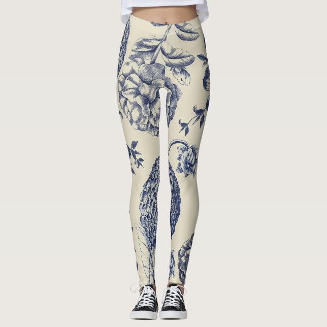 Antique Blue Toile Botanical Flower Print Floral Leggings (Front)