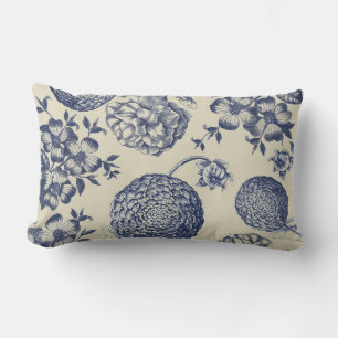 Antique Blue Toile Botanical Flower Print Floral Lumbar Pillow