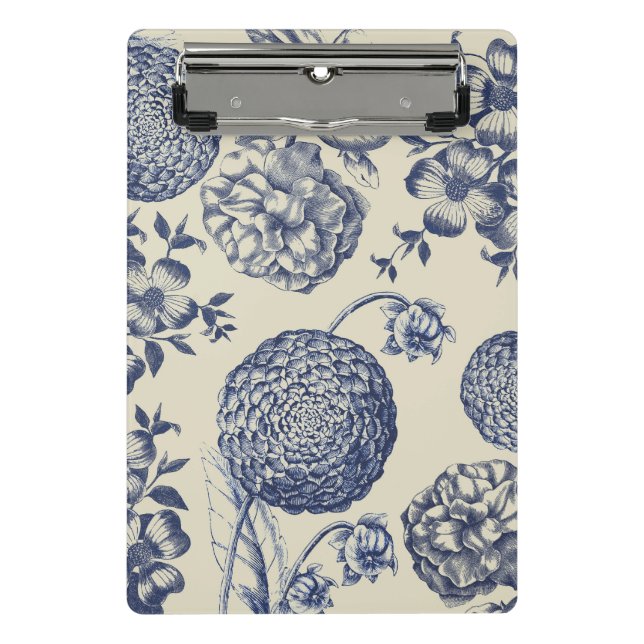 Antique Blue Toile Botanical Flower Print Floral Mini Clipboard (Front)