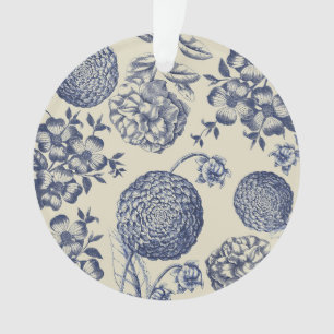 Antique Blue Toile Botanical Flower Print Floral Ornament