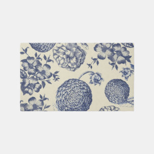 Antique Blue Toile Botanical Flower Print Floral Outdoor Rug