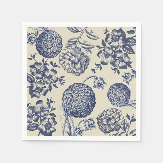 Antique Blue Toile Botanical Flower Print Floral Paper Napkins (Front)