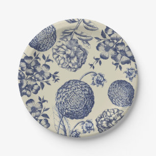 Antique Blue Toile Botanical Flower Print Floral Paper Plates