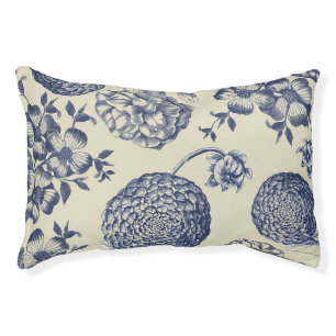 Antique Blue Toile Botanical Flower Print Floral Pet Bed
