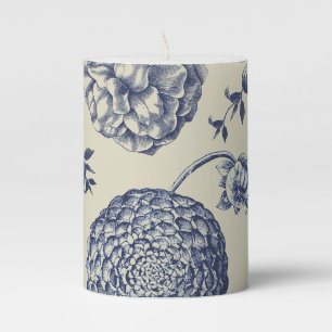 Antique Blue Toile Botanical Flower Print Floral Pillar Candle
