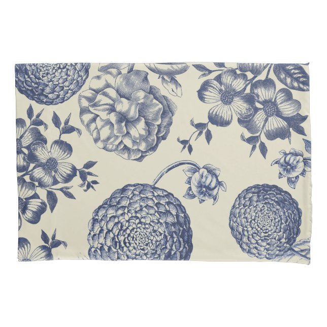 Antique Blue Toile Botanical Flower Print Floral Pillowcase (Front)