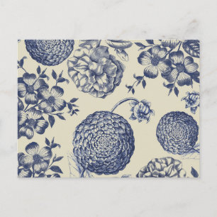 Antique Blue Toile Botanical Flower Print Floral Postcard