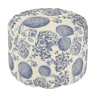 Antique Blue Toile Botanical Flower Print Floral Pouf