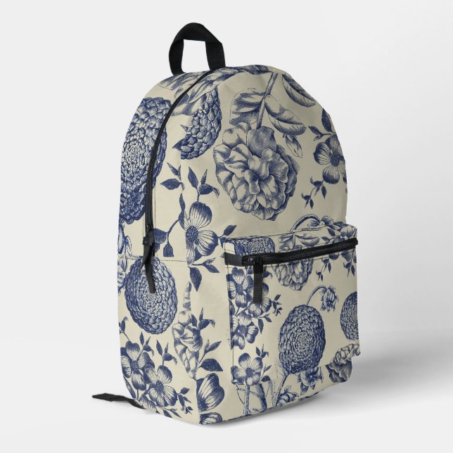 Antique Blue Toile Botanical Flower Print Floral Printed Backpack (Back Corner Left)