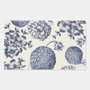 Antique Blue Toile Botanical Flower Print Floral Rectangular Sticker