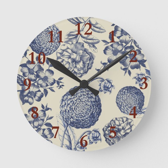 Antique Blue Toile Botanical Flower Print Floral Round Clock (Front)