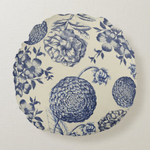 Antique Blue Toile Botanical Flower Print Floral Round Pillow