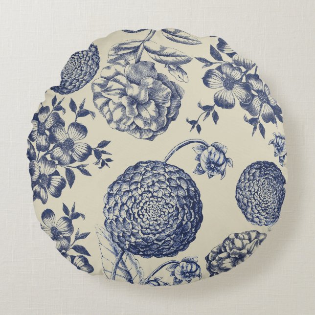 Antique Blue Toile Botanical Flower Print Floral Round Pillow (Front)